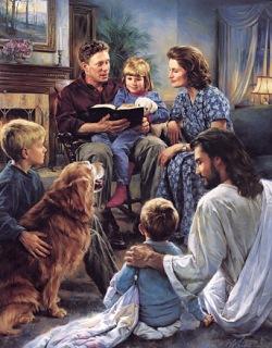 Illustrazione della presenza di Gesù nella lettura delle Bibbia in famiglia